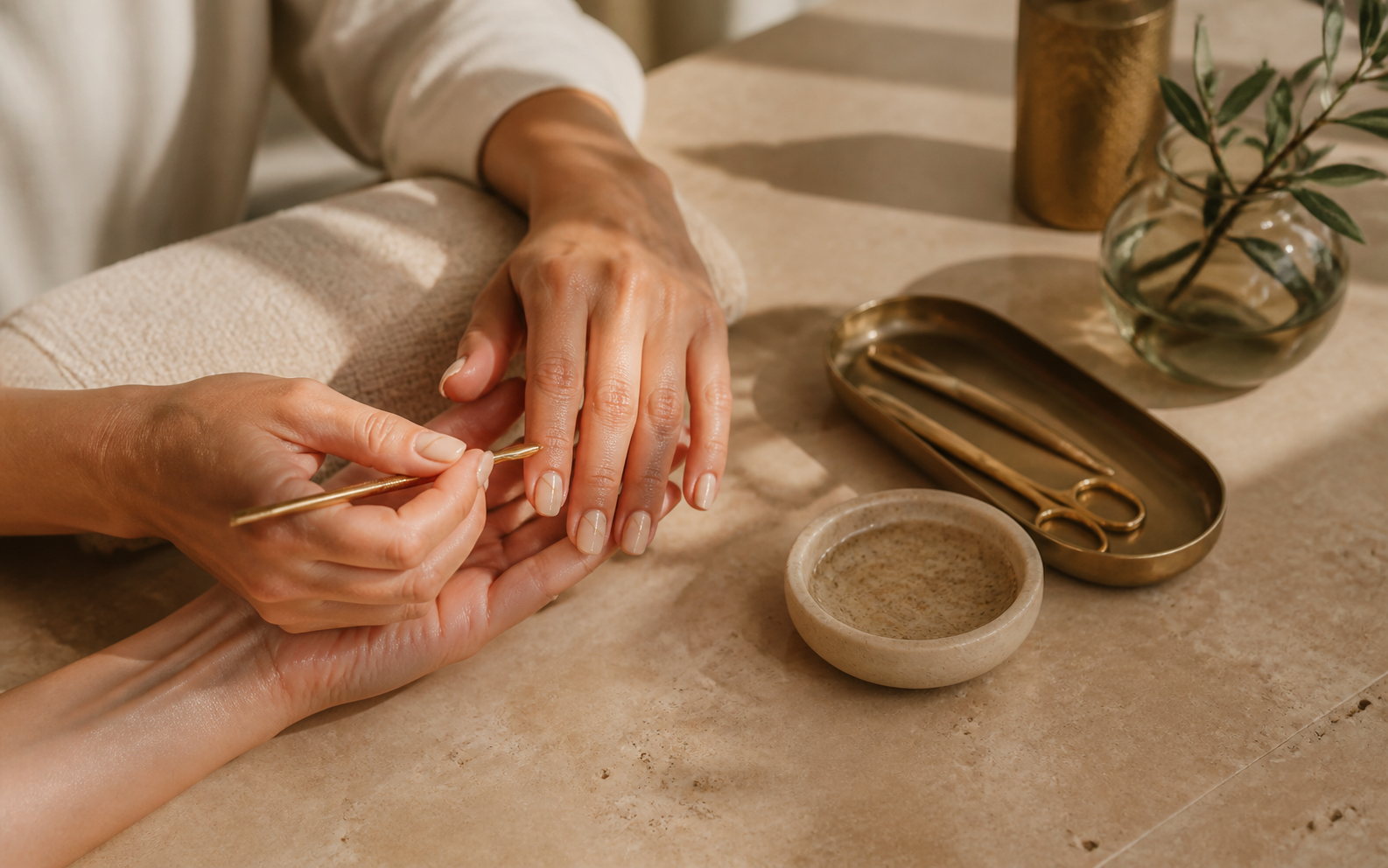 Servicio profesional de manicure con detalles dorados